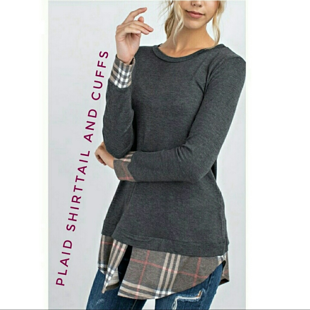 *Sale Price* Charcoal & Plaid Top - Picture 2 of 2
